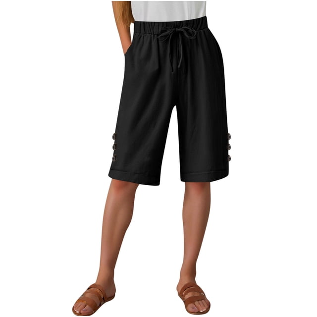 Womens Half Shorts Pants Summer Elastic Waist Buttons Casual Linen Pockets Pants