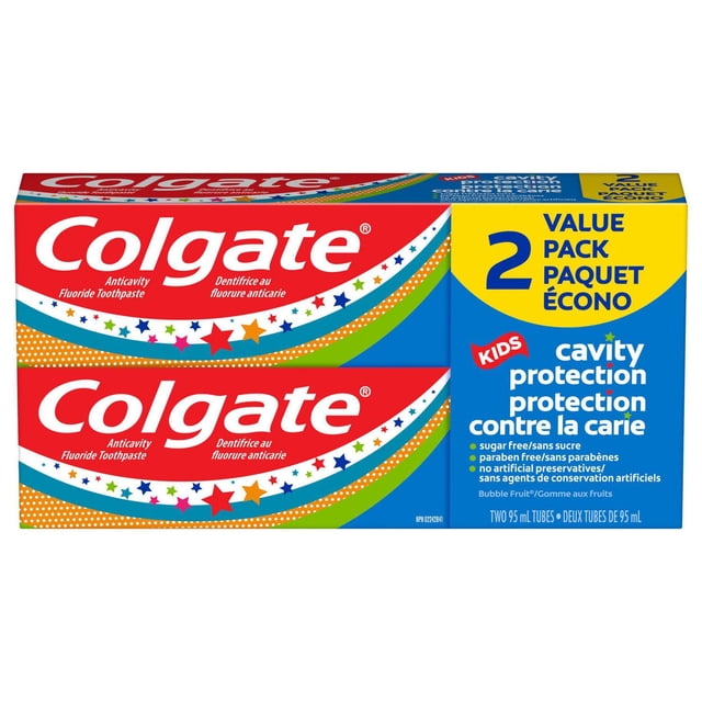 Colgate Dentifrice pour Enfants Protection contre les Caries, Bubble Fruit, 95 ml (Lot de 2) avec Deux Boîtes de Dentifrice Rouges et Blanches Présentant des Motifs d'Étoiles Colorées et une Étiquette Bleue et Jaune Mettant en Valeur une Formule au Fluorure, Protection contre les Caries, Sans Sucre, Sans Parabènes et Doux pour l'Émail des Dents pour les Soins Buccodentaires des Enfants.
