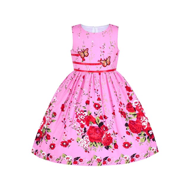 Robe Fille Rose Fleur Double Nœud Papillon Fête Robe d'Été Décontractée 9-10 Ans