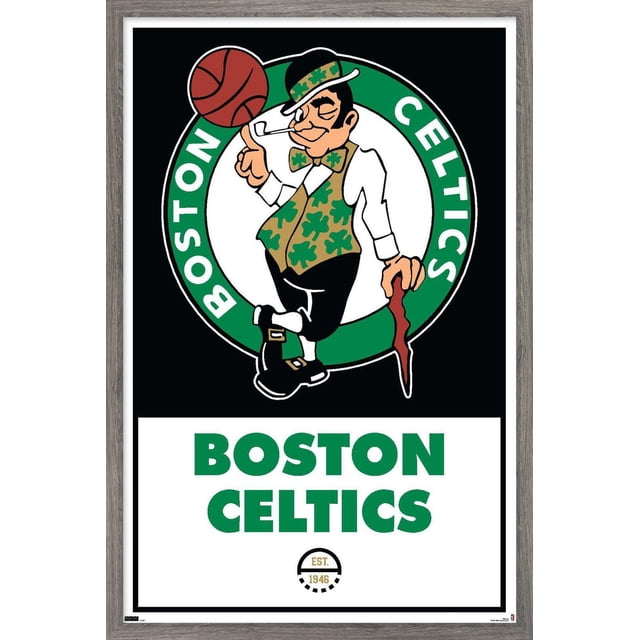 NBA Boston Celtics - Logo 21 Wall Poster, 14.725" x 22.375" featuring a centered Boston Celtics logo with a leprechaun spinning a basketball on his finger, wearing a green shamrock-patterned vest and bow tie, black pants, and holding a wooden cane, set against a black background with bold green 'BOSTON CELTICS' text below and an EST. 1946 mark, printed on glossy poster paper with adhesive mounts for easy hanging, suitable for sports fan room decor or party decoration.