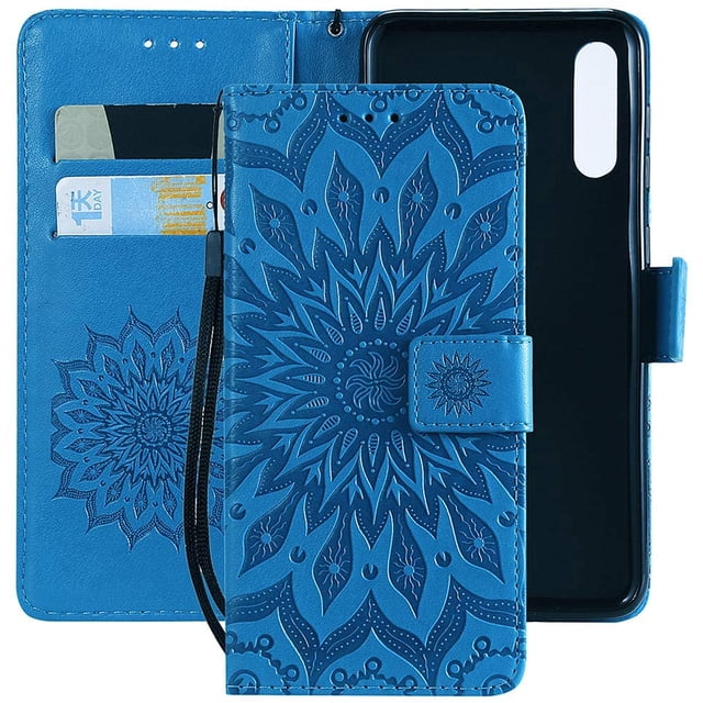 Wallet Case, Embossed Sunflower Premium PU Leather Folio Flip Kickstand Card Slots Wrist Strap Cover for iPhone 7Plus/8Plus(Blue)