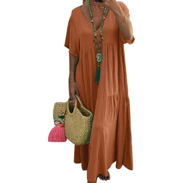 CHOK Robe Maxi en Lin Ample et Décontractée pour Femmes, Col en V, Manches Courtes, Coupe Grand et Fluide, Longue