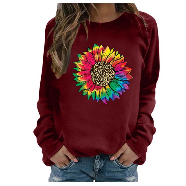 Blouse à Manches Longues pour Femmes Blouse Décontractée Ample Col Rond Manches Longues Imprimé Tournesol T-Shirt Blouse Manches Longues
