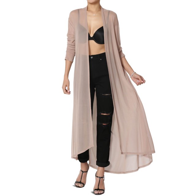 TheMogan Cardigan Ouvert à Manches Longues en Maille pour Femmes Mi-Mollet Caftan Transparent