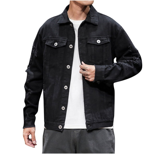 Black Long Sleeve for Mens Winter Fall Denim Hippie Vintage Western Ripped Renaissance Peasant Ethnic Motorcycle Distressed Plain Steampunk Coat Mens Button 2025 M