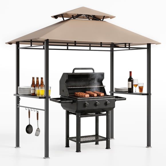 Gazebo de Gril BBQ Extérieur 8 Pieds x 5 Pieds, Gazebo de Gril Extérieur à Toit à Double Niveau avec 2 Tablettes Latérales et 5 Crochets, Cadre en Acier Enduit de Poudre Résistant à la Rouille avec Piquets de Sol pour la Cuisson et les Réceptions en Plein Air