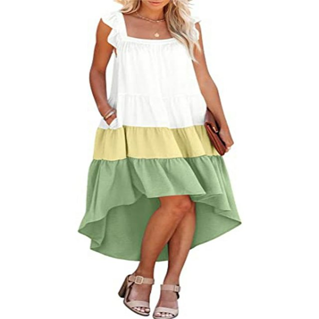 Women Summer Ruffled Sleeve Dress Contrast Color/Solid Color Square Neck Irregular Hem Dress for Beach Date