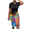 thumbnail image 1 of Pompotops Women's Sexy Summer Short Sleeve Round Neck Printed Drawstring Slitting Dress, 1 of 4