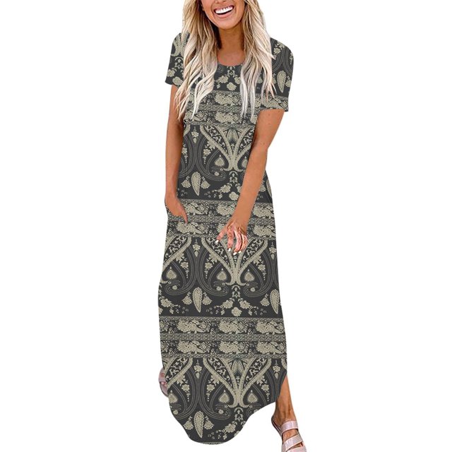 Ovzne Robes pour Femmes Robe pour Femme Mode Robe Décontractée Imprimée à Manches Courtes à Col Rond avec Poches Robe pour Femmes à Manches Courtes Imprimée Liquidation