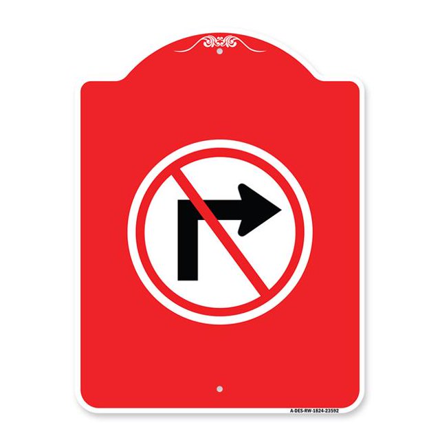 Panneau de la Série Designer 18 x 24 Po - Pas de Virage à Droite avec Graphique Seulement, Rouge & Blanc