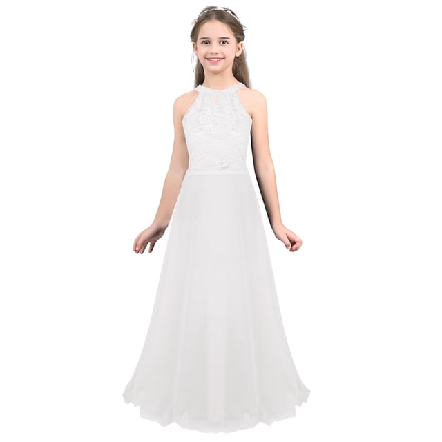 Sxiwei Robe pour Demoiselles d'Honneur Enfants en Mousseline Sans Manches en Dentelle Florale Longue Robe de Mariage Maxi Robe de Bal Blanche 12