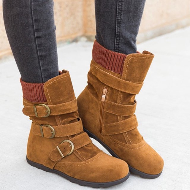 CEHVOM Women Suede Round Toe Zipper Flat Pure Color Buckle Strap Keep Warm Snow Boots