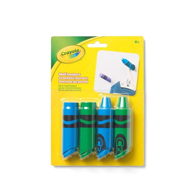 Crayola 4pc Wall Hanger Set with four colorful crayon-shaped wall hooks in blue and green, designed for organizing coats, clothes, bags, and toys, displayed in yellow packaging with Crayola branding, suitable for playroom storage and décor.