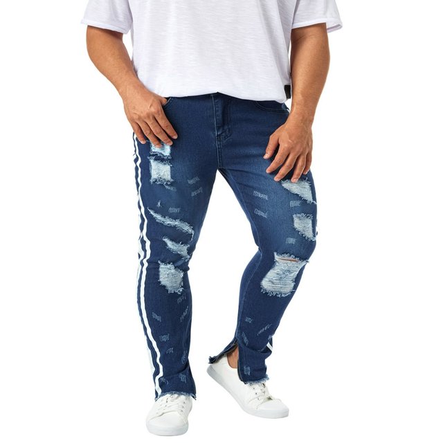 Men Slim Jeans Side Stripe Print Mid Waist Zip Ragged Button Straight Jeans Casual Pencil Trousers