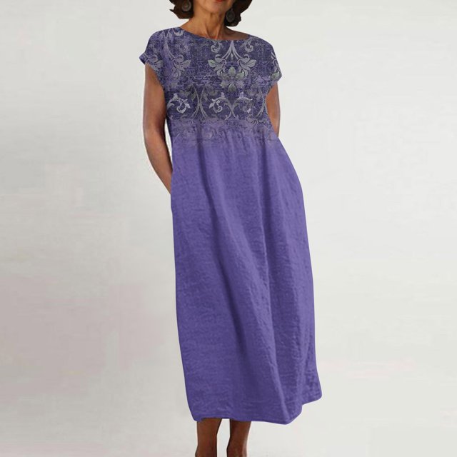 Meichang Robes en Lin pour Femmes 2024 Rétro à Imprimé Floral Coupe Ample Robes Midi Manches Courtes Col Rond Robes d'Été Décontractées Évasées Légères Confortables Longues Robes de Travail Violet TTTG