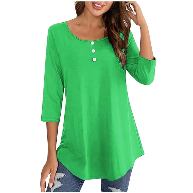 FAIWAD Oversized Tshirts for Women 3/4 Sleeve Button Decor Tops Cute Round Neck Basic Business Tees Blouses