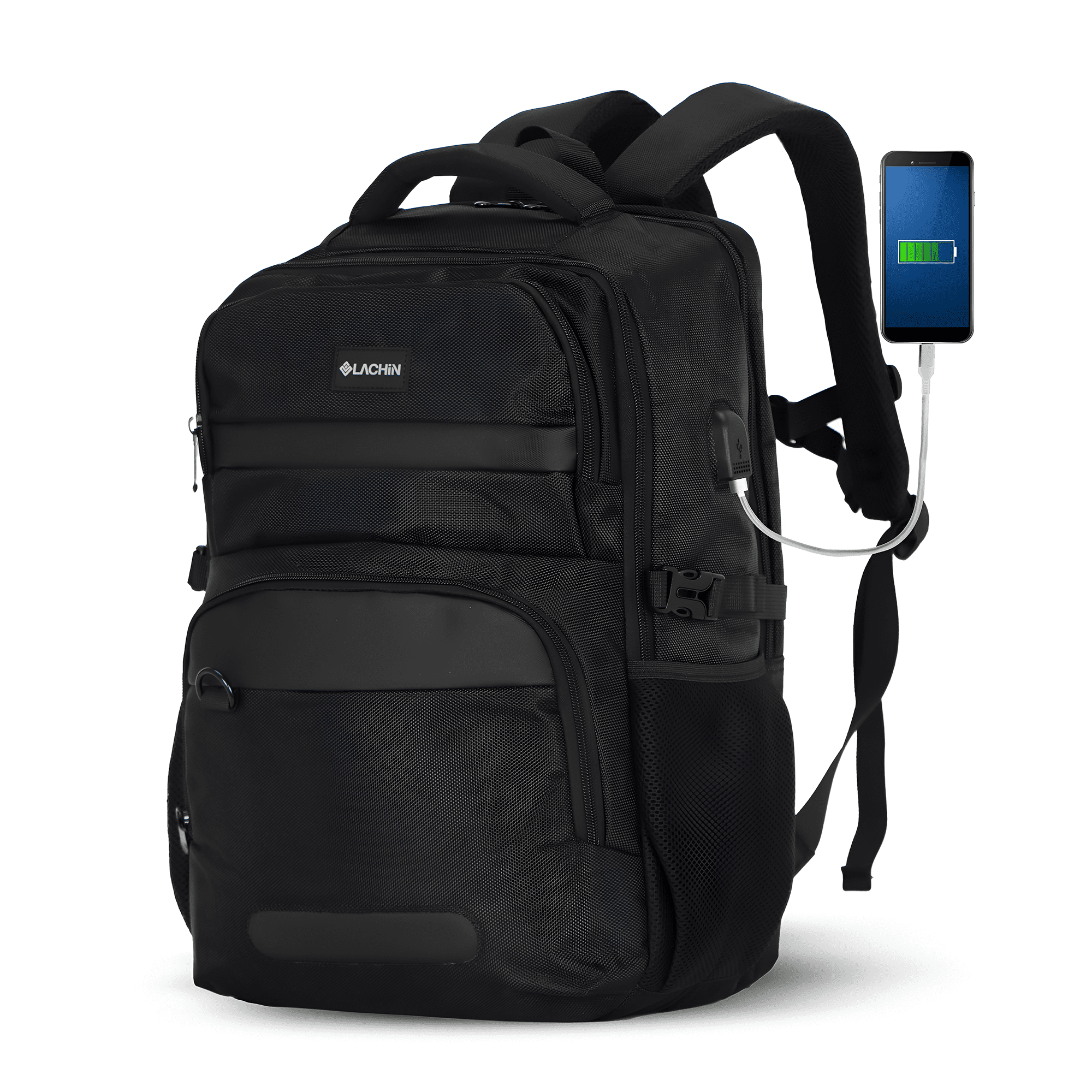 LACHIN 18.1" Travel Laptop Backpack, Anti-Theft, USB Charging Port, 59L, Black