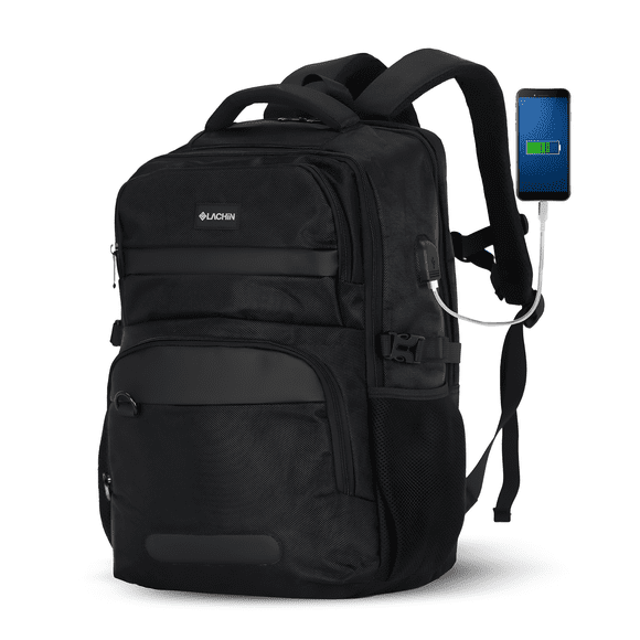 LACHIN 18.1" Travel Laptop Backpack, Anti-Theft, USB Charging Port, 59L, Black