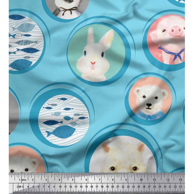 Soimoi Silk Fabric Circle,Fish & Cute Animals Patchwork Decor Fabric Printed Yard 42 Inch Wide