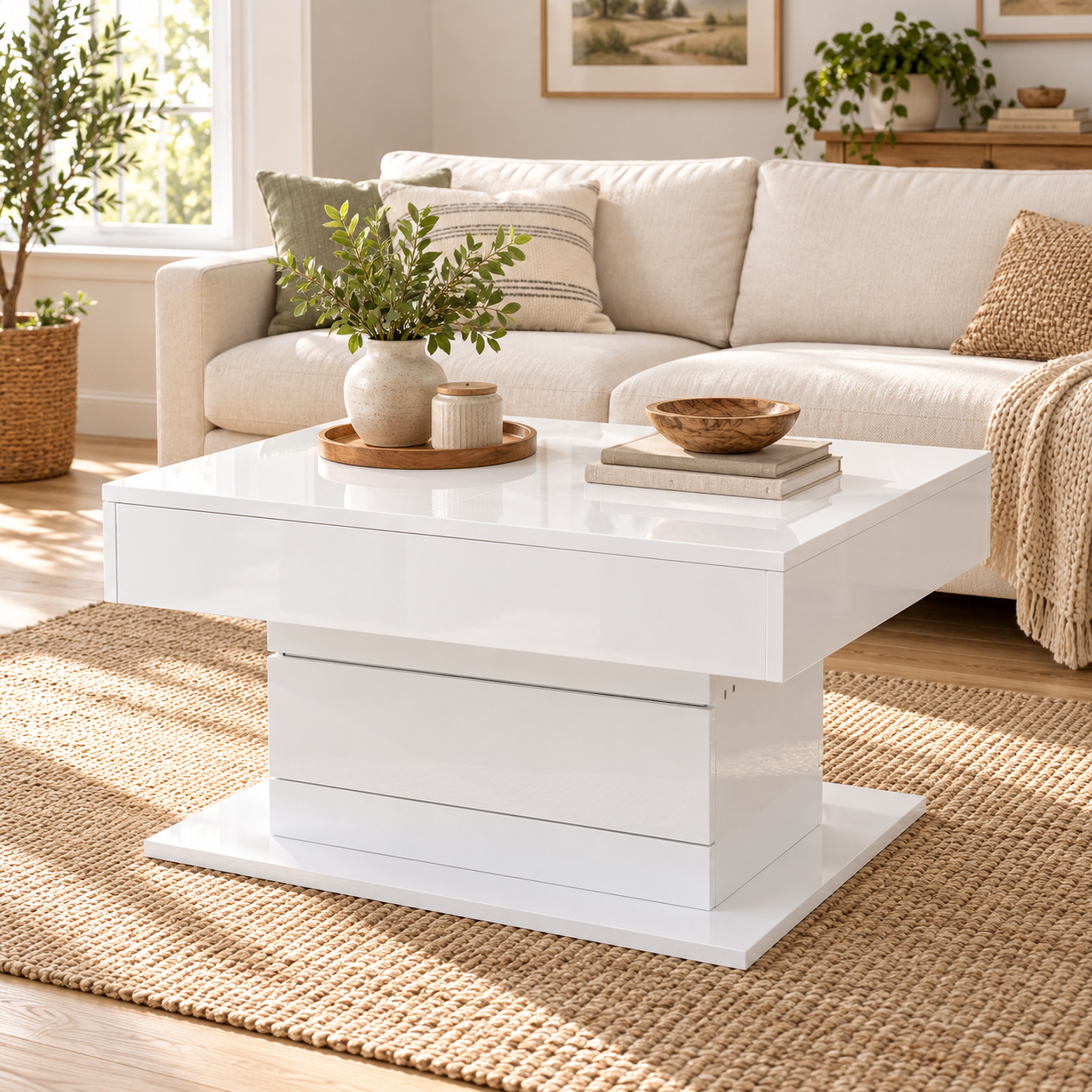 Homy Casa 27.5-Inch Square Lift-Top Coffee Table, 360° Rotating High-Gloss Top, Hidden Storage and Drawer, White and Natural Wood