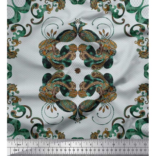 Soimoi Moss Georgette Fabric Quatrefoil & Peacock Bird Print Fabric by Yard 42 Inch Wide