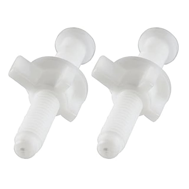 MYG 2 Pack White Plastic Toilet Seat Hinge Bolt Screw Nut Kit featuring 6cm screws and 2.7cm nuts. Made of durable, rust-resistant plastic, these bolts are compatible with most toilets and designed for easy installation. Includes two screws and two nuts with a self-locking function for a secure and stable fit.