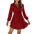 thumbnail image 2 of Pisexur Robe à Manches Longues Col en V Mode Femme Tempérament Couleur Unie Manches Longues Col en V Robe Irrégulière à Volants Robe Femme, 2 of 7