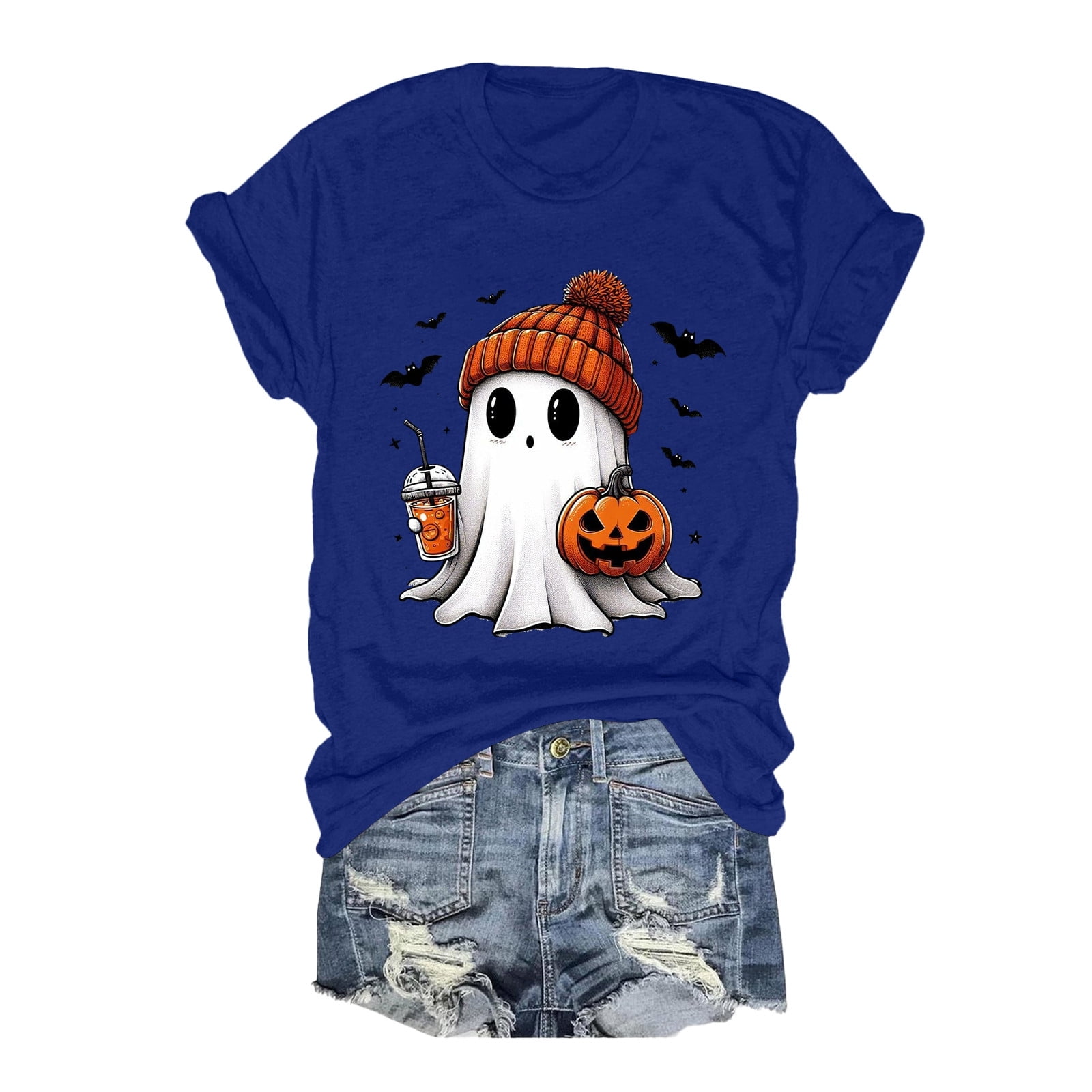 Fgnfyis Women's Casual Halloween Print Short Sleeve Tee Fun Comfortable & Stylish Tshirts Shirts For Women Blue Xl