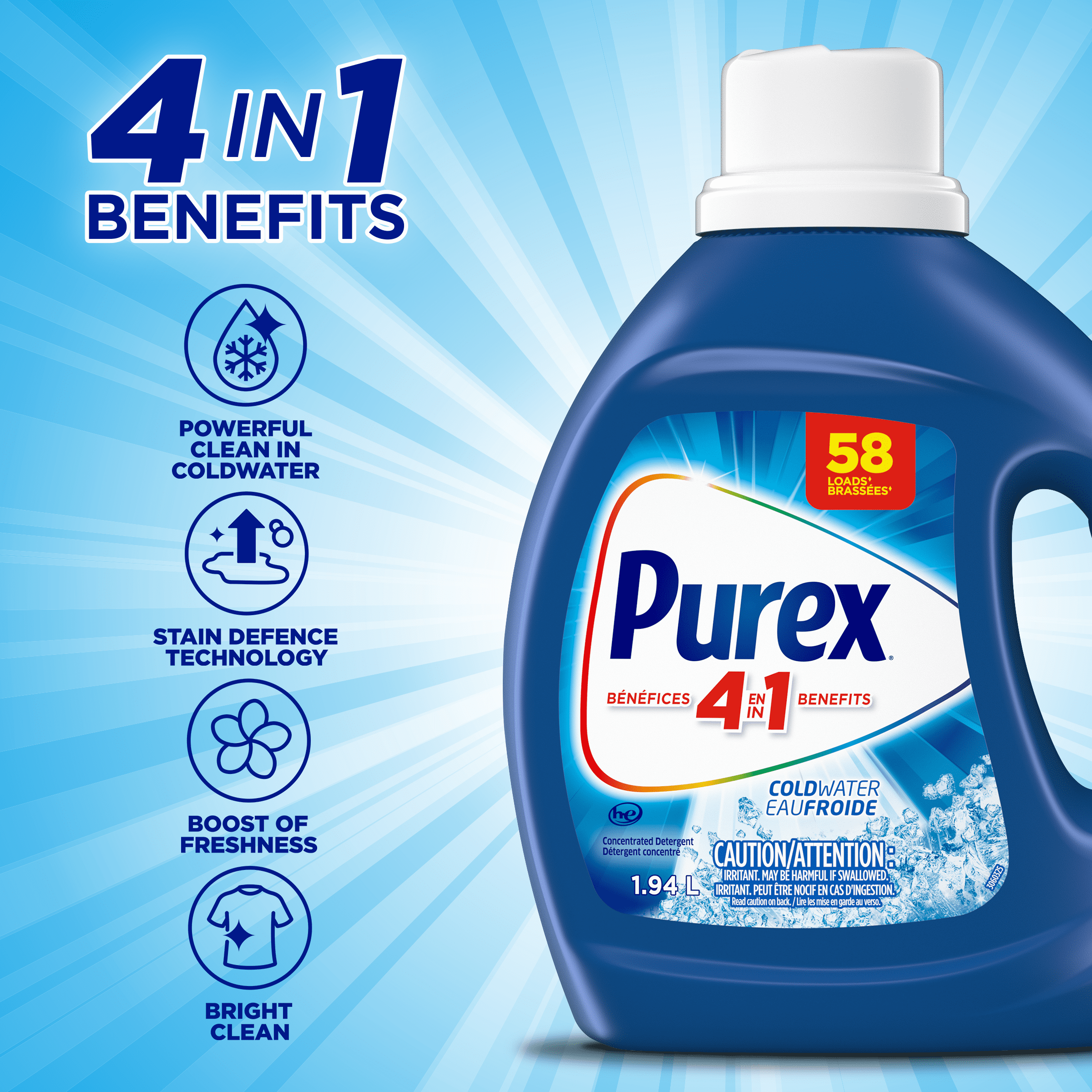 Détergent à lessive liquide concentré avec bénéfices 4-en-1, Purex Eau froide, puissant contre les taches, ravive et blanchit les vêtements, 1,94 L, 58 brassées, compatible avec les laveuses HE