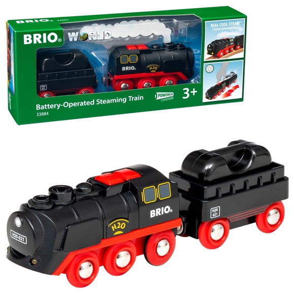 BRIO World Battery-Operated Steaming Train - 3-Piece Motorized Train Engine for Wooden Track with Lights and Kid-Friendly Steam - Interactive Play with Forward/Revers