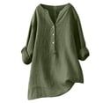 thumbnail image 2 of Pisexur Hauts pour Femmes en Coton Grande Taille Unis T-Shirts Surdimensionnés Amples T-Shirts Manches Mi-Longues Col en V Tunique à Blocs de Couleur, 2 of 6