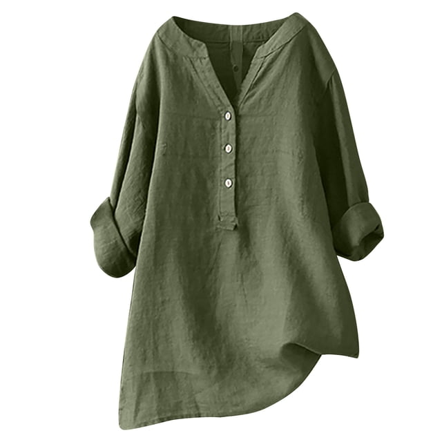Timegard Plus Size Tops for Women Cotton Linen V Neck Button Long Sleeve Shirts Blouse Fall Loose