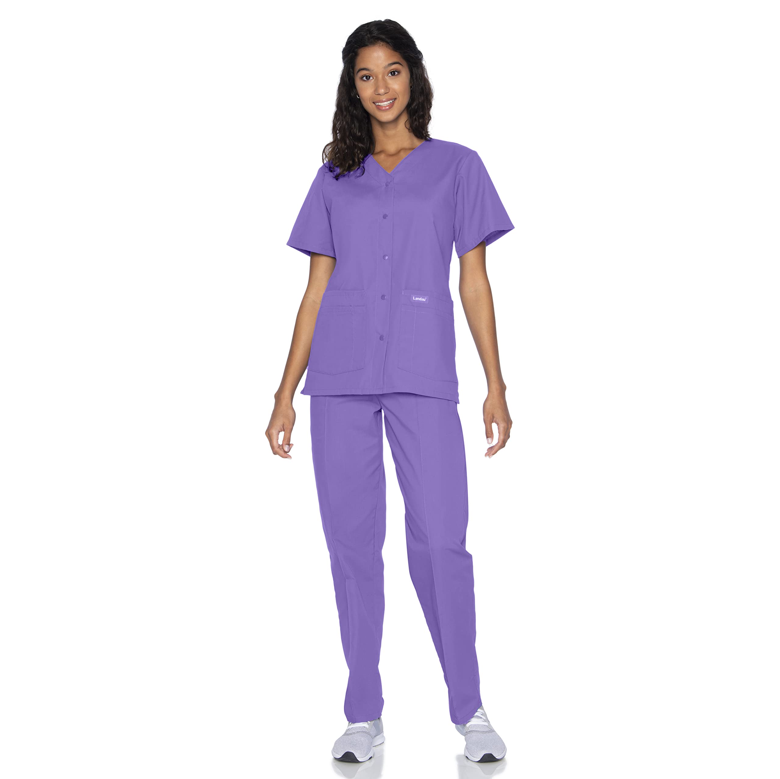 Landau Haut d'Uniforme à Boutons-Pression pour Femme, Coupe Classique Décontractée, Col en V, 4 Poches