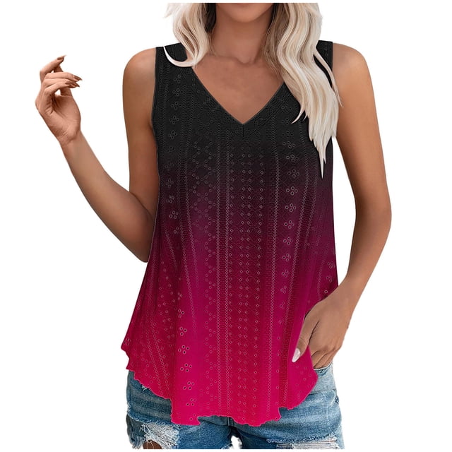 Plebaso Womens Tank Tops V Neck Gradient Lightweight Eyelet Shirts Flowy Loose Summer Sleeveless Blouses
