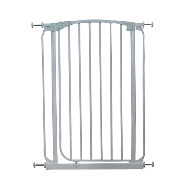 Cool Runners 36"H Tall Boy Dog Gate in white metal with vertical bars, pressure-mounted and adjustable for door frames 28 to 32 inches, featuring a self-closing mechanism and screw-in plates for extra security, suitable for safely restricting dogs indoors.