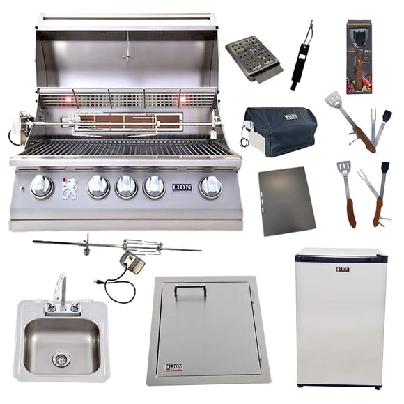 Lion Gril au Gaz Naturel de 32 Pouces L75000 avec Réfrigérateur et Porte Verticale avec Porte-Serviettes et Évier Encastré et Ensemble d'Outils BBQ 5 en 1 Forfait « Best of Backyard »
