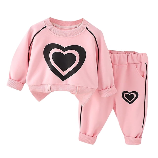 Ensembles de Survêtement Garçons Filles, Imprimé Cœur, Chandail à Col Rond et Pantalon Jogger, Ensemble 2 Pcs Tenues d'Automne Hiver (5 Ans, Rose)