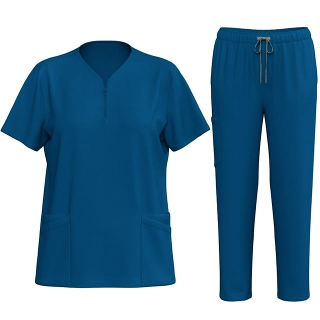 Scrub Sets for Women 2 Piece Medical Nursing Uniforms Quick Dry Zip Crew Neck Tops Drawstring Cargo Scrub Pants, Navy, S