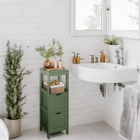 LEDREM Armoire de Rangement d'Angle avec 2 Tiroirs, Organisateur Autoportant de 35 Pouces de Hauteur pour Salle de Bain et Salon, Vert Forêt