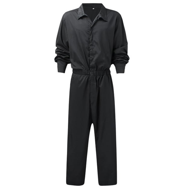 LOVZFMLL Cargo Pants for Men's Button Overalls Lapel Solid Color Jumpsuit Suit in a thin, breathable fabric. The jumpsuit features a lapel collar, long sleeves, and a button-up front with an elastic waistband for a comfortable fit. Designed in a solid black color, it is suitable for casual, outdoor, or daily wear. Available in multiple sizes, including medium to 3XL.