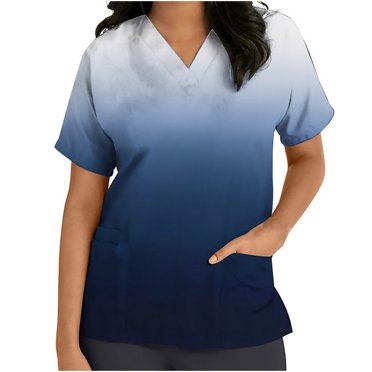 Liquidation d'Économies d'Été RKSTN Sarraus pour Femmes Manches Courtes Col en V Haut de Sarrau Uniforme de Travail Imprimé Dégradé Poches Blouse Soins Infirmiers