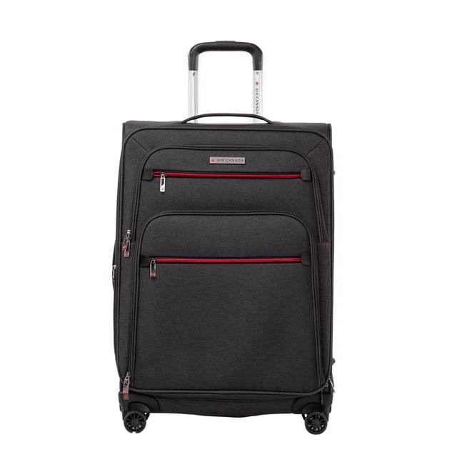 Air Canada Valise Souple 25 Pouces en Gris, Valise à Roulettes Moyennes Extensibles avec Quatre Roues Multidirectionnelles, Poignée Télescopique, Deux Poches avant à Fermeture Éclair avec Garniture Rouge, et Tissu polyester dobby durable, Idéal pour un Voyage Organisé.