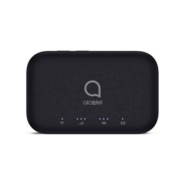 Alcatel Linkzone 2 4G LTE Hotspot in an open box configuration. The compact black device features the Alcatel logo on the front, along with LED indicators for Wi-Fi, signal strength, battery, and messages. Designed for high-speed internet on the go, it supports up to 16 connected devices and offers download speeds up to 150Mbps. Equipped with a 4400mAh battery for up to 24 hours of connectivity, it also functions as a power bank with USB-C charging. Ideal for portable and secure Wi-Fi networking.