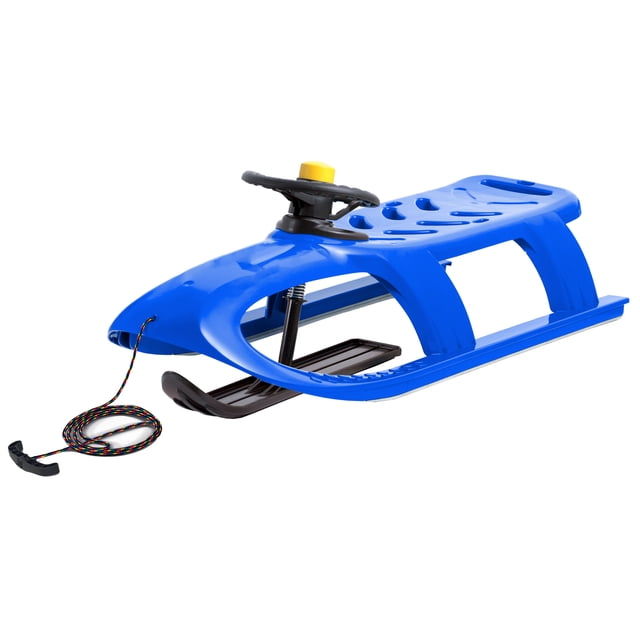 ArcticThrill Snow Sled for Kids - SnowRush Sledge featuring a vibrant blue plastic body with a functional steering wheel and attached ski for directional control. The sled includes a pull rope with a handle for easy towing and metal strips on the plastic runners for smooth gliding on snow. Designed for single riders, it measures 102.5 cm in length, 40 cm in width, and 23 cm in height, with a weight capacity of 50 kg. Suitable for toddlers and kids, this durable sled is made from low-temperature resistant plastic, ensuring stability and safety in temperatures as low as -28°C. Adult supervision recommended.
