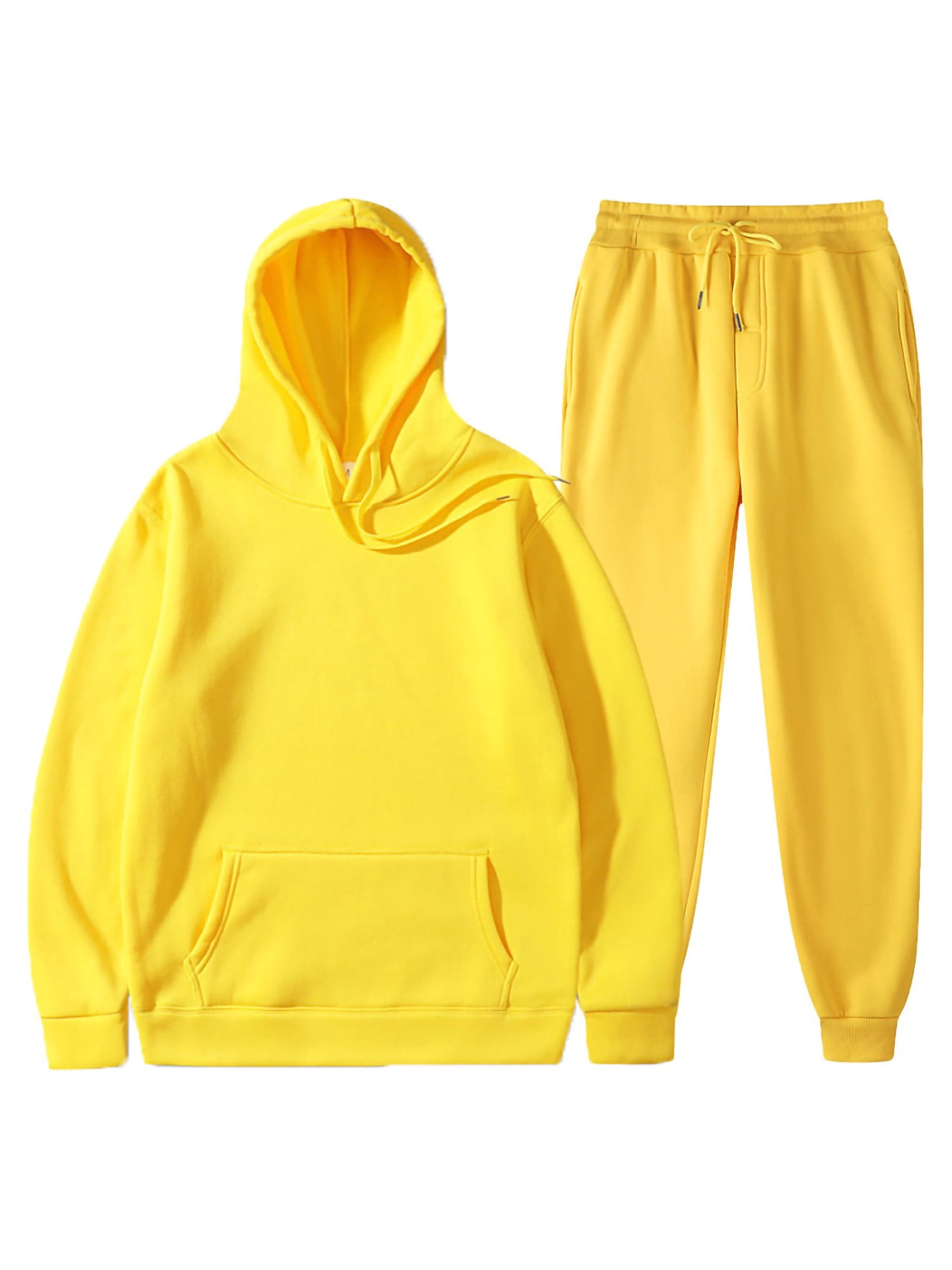 Innerwin Hoodies And Sweatpant Set Solid Color Mens Tracksuit Winter Hooded Warm 2 Piece Hoodie Yellow M