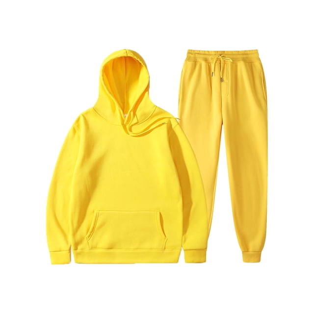 Innerwin Hoodies And Sweatpant Set Solid Color Mens Tracksuit Winter Hooded Warm 2 Piece Hoodie Yellow M