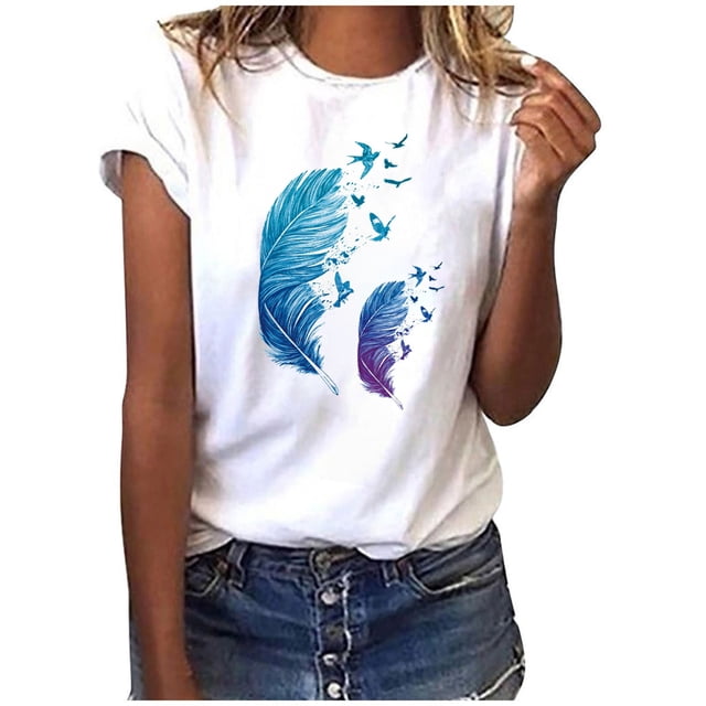 EGNMCR T-Shirts pour Femmes Mode Femmes T-Shirt à Manches Courtes Imprimé Plume Haut Décontracté Tee Blouse