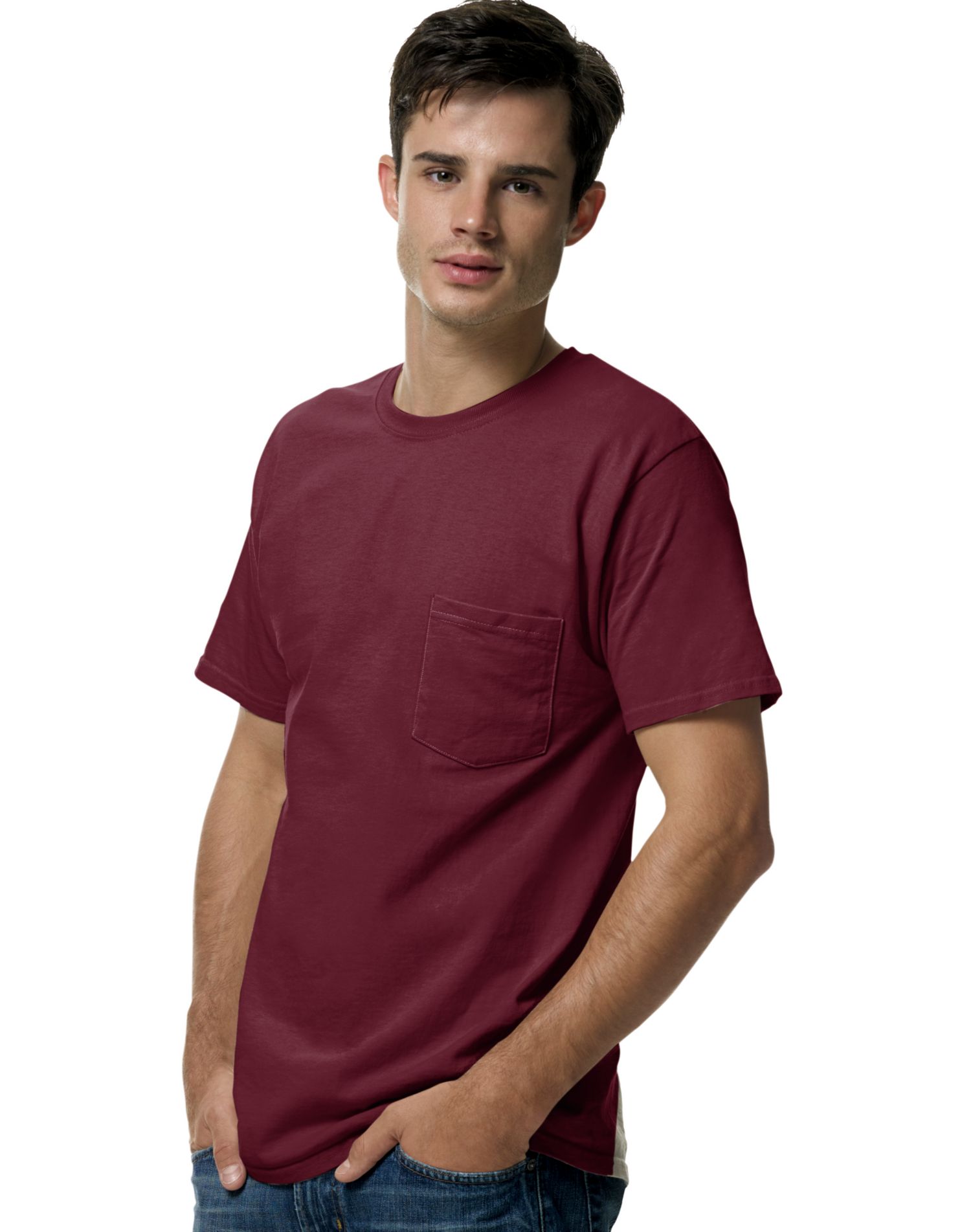 Hanes TAGLESS Men`s Pocket T-Shirt, L, Maroon