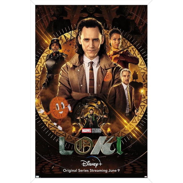 Marvel Loki - One Sheet Wall Poster, 14.725" x 22.375" Framed featuring a centered front view of Loki in a brown jacket and striped tie, surrounded by other characters and a golden circular background with Marvel Studios and Disney+ logos, promoting the original series streaming June 9, ideal for decorating bedrooms, offices, or dorm rooms.