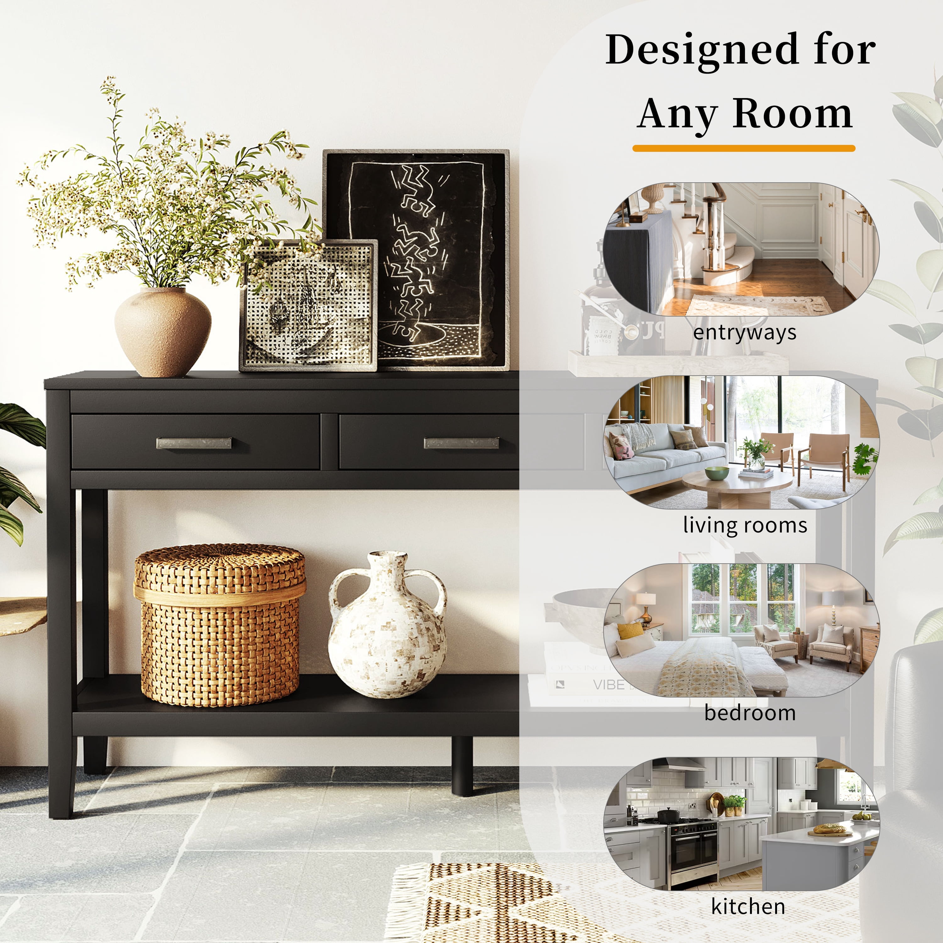 Noble House 62.2" Farmhouse Entryway Table, 3-Drawer Painted Console with Bottom Shelf & Iron Handles,Minimalist,Black